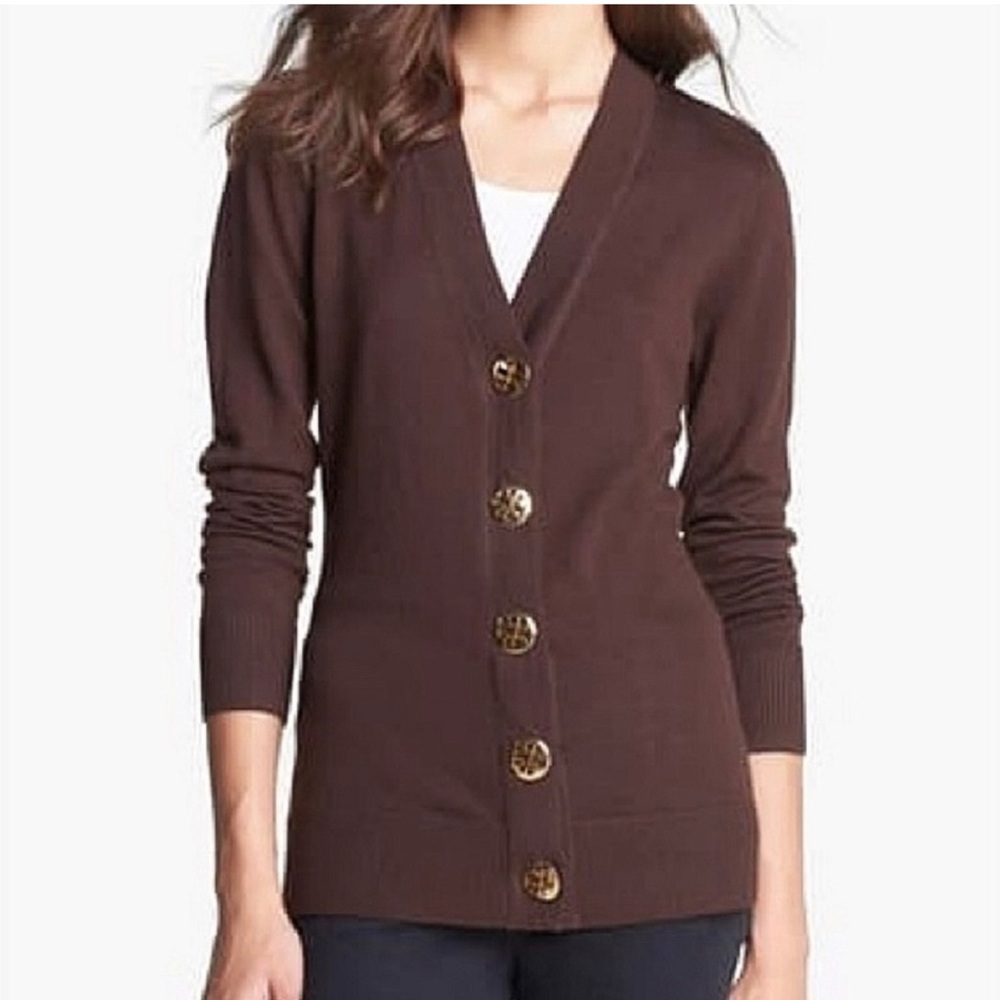 Tory Burch Brown Cardigan Sweater V-Neck Fitted